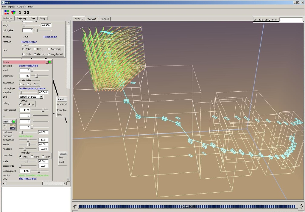 multi_streamline09.jpg -  - white boxes show bounding boxes of the blocks that are traversed - cyan rectangles show the curvilinear cells that are traversed by the streamline - yellow, green, red, arrows show the vectorfield in one block for debugging  